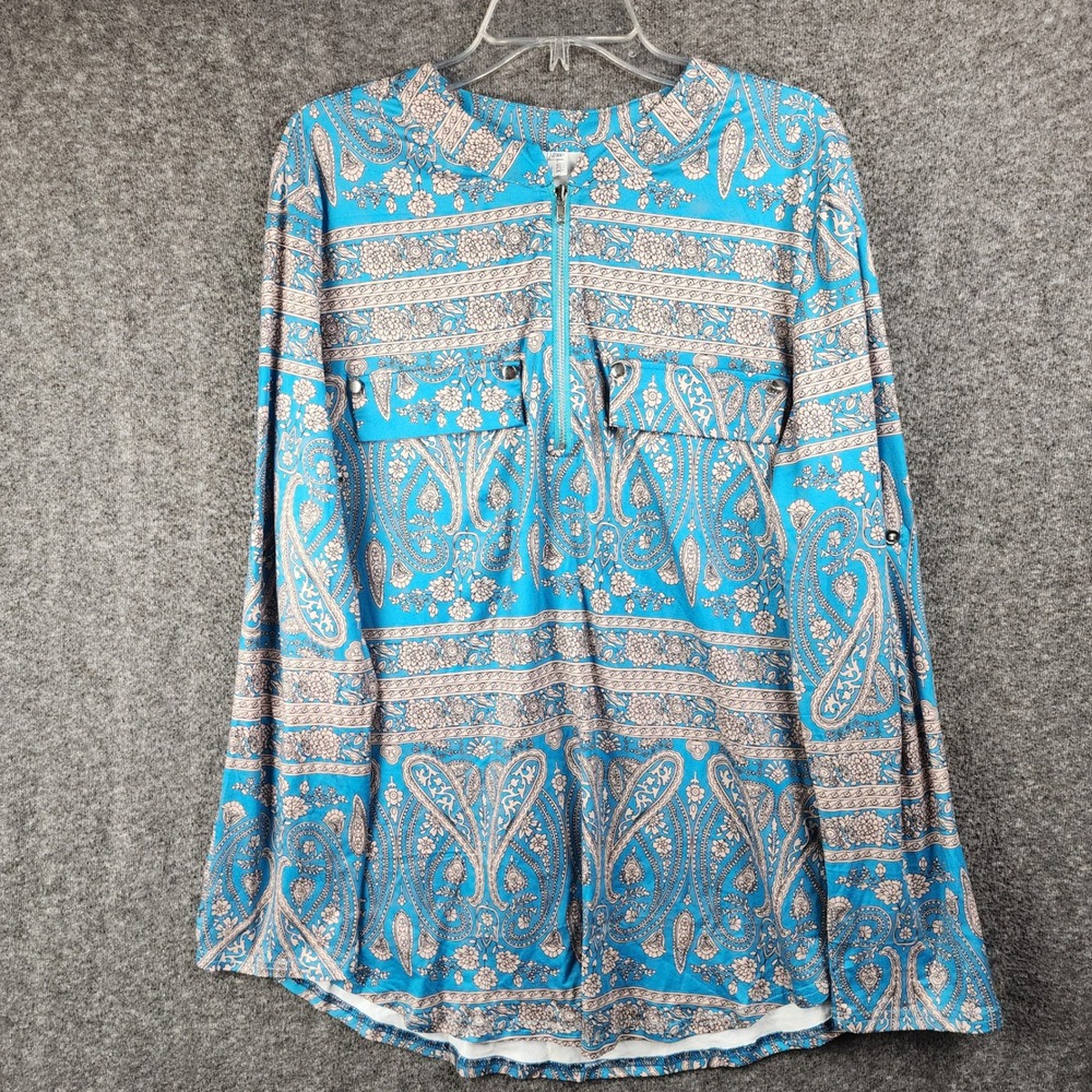 Lucky More Top Womens 2XL Paisley Blue Roll Tab Sleeve Quarter Zip EUC